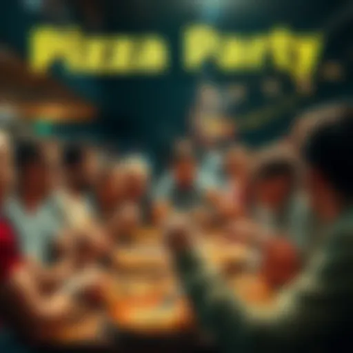 A lively gathering of people enjoying pizza and sharing their predictions at a community event.