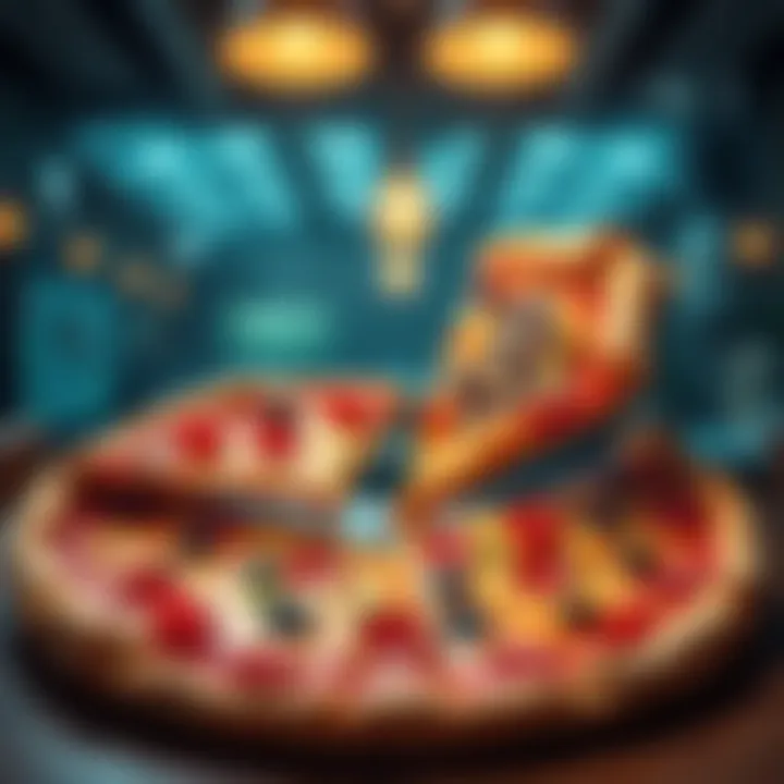 A historic scene showing two pizzas being exchanged for Bitcoin, symbolizing the famous 10,000 BTC transaction.