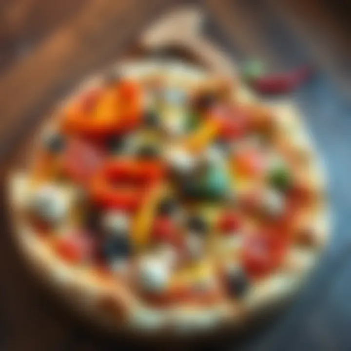 Pizza with Various Toppings A colorful pizza topped with pepperoni, mushrooms, bell peppers, and olives on a wooden table.