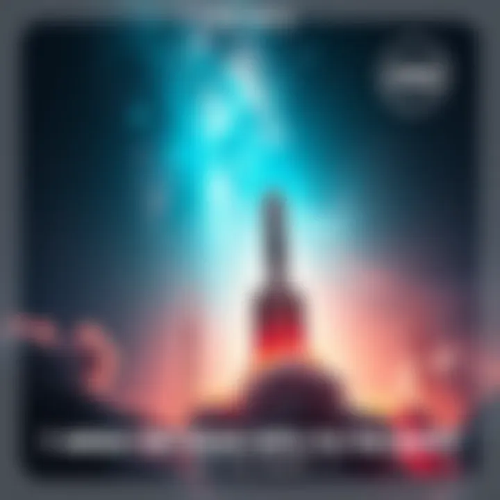 A futuristic rocket poised for launch against a backdrop of stars and a vibrant nebula