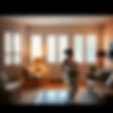 A warm living room featuring plantation shutters on the windows, with a pregnant woman considering home renovations, looking at the walls, and discussing options for her home.