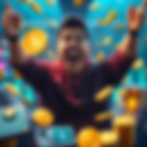 Excited player celebrating reaching their first dollar milestone in a game, surrounded by gaming elements like coins and trophies