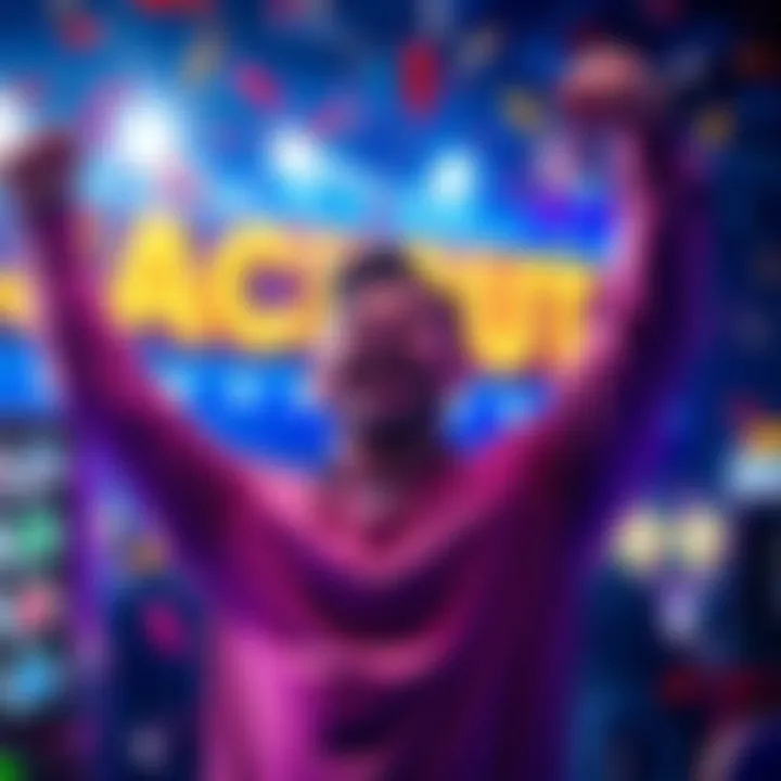 A happy player celebrating a huge jackpot win with confetti and bright lights in the background.