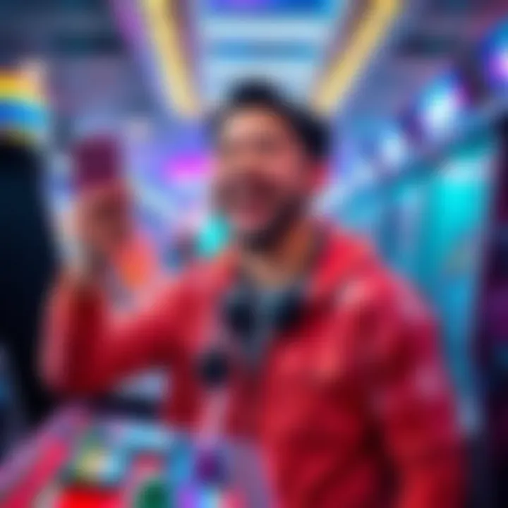 A joyful gamer holding a phone, showing excitement after winning a big payout from an arcade game