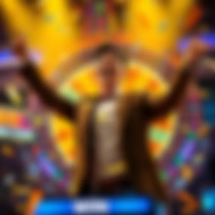 A player joyfully celebrating after winning the jackpot twice on Wheel of Fortune, with confetti falling around them