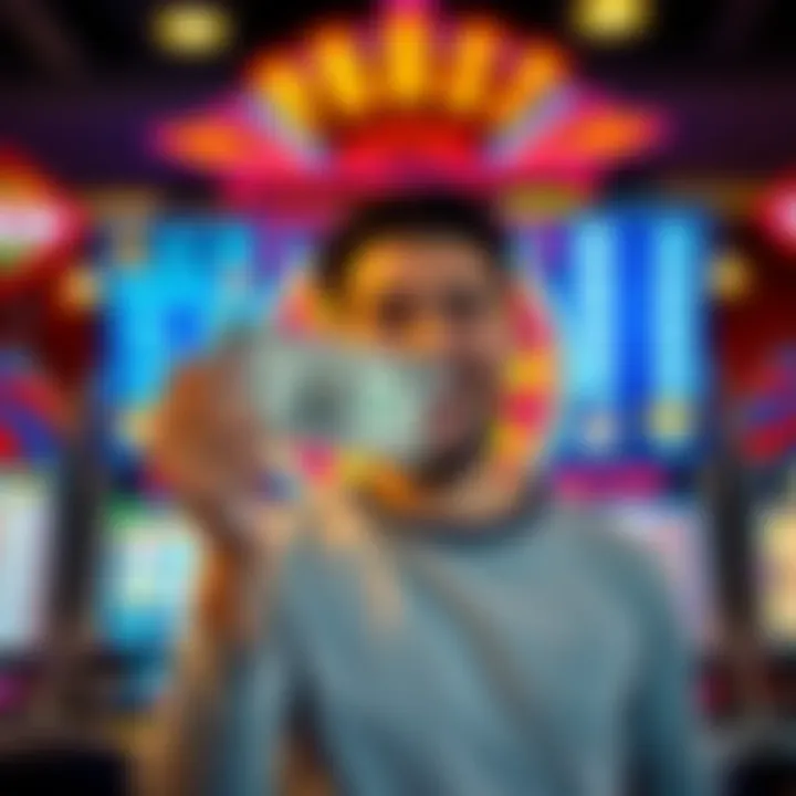 A person joyfully holding a dollar bill with a slot machine jackpot display in the background