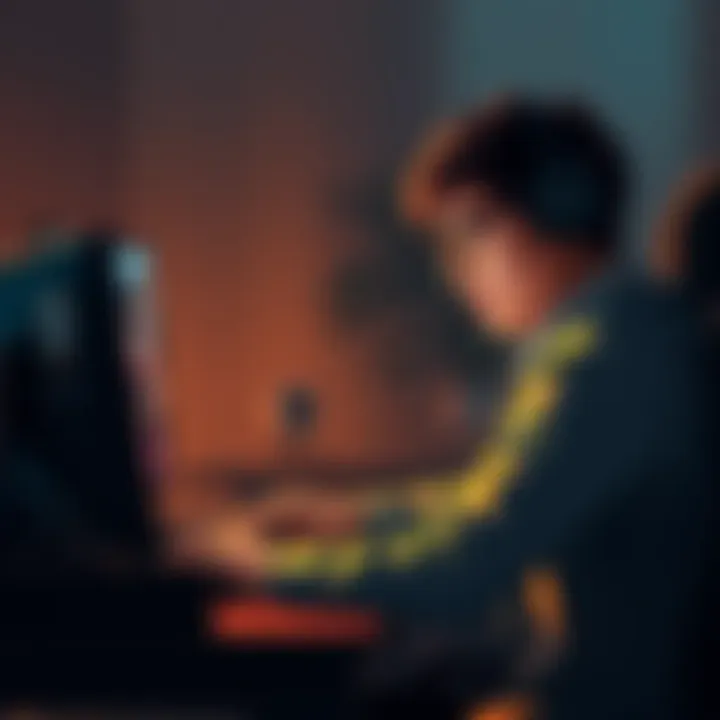A gamer sitting at a desk, looking frustrated and looking at a computer screen with game visuals showing a reward notification