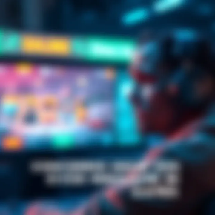 Player frustrated with game ads A gamer looking upset while watching ads on a game queue screen, with a blurred game loading in the background