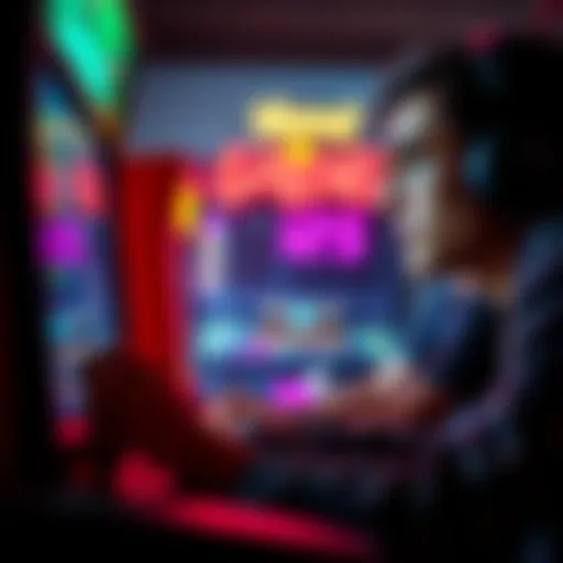 A gamer looking at a screen, focused and pondering, as he seeks advice from fellow players on completing an arcade challenge.