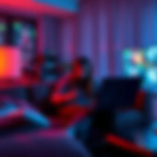 A gamer sitting on a couch, analyzing game strategies on a laptop while a gaming console is in the background.