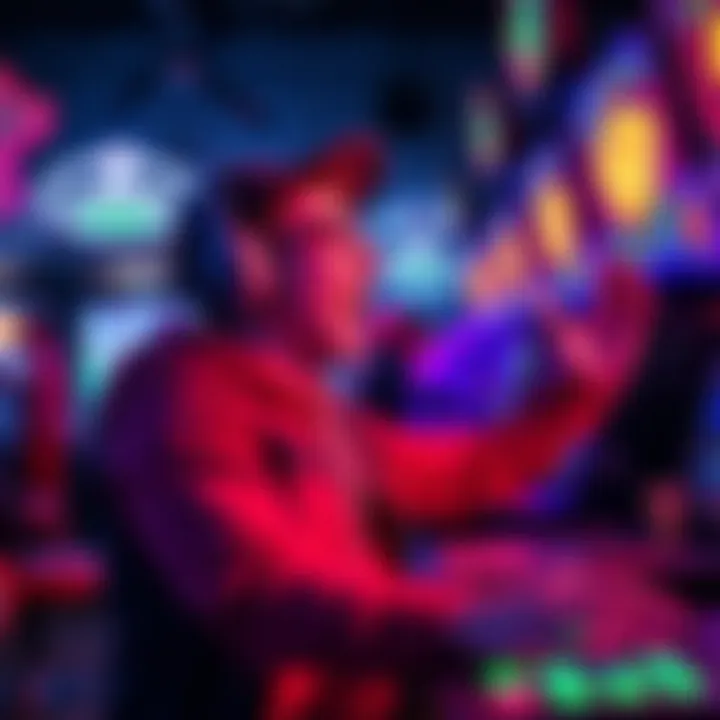 A player celebrates while playing an arcade game that shows high reward graphics on the screen.