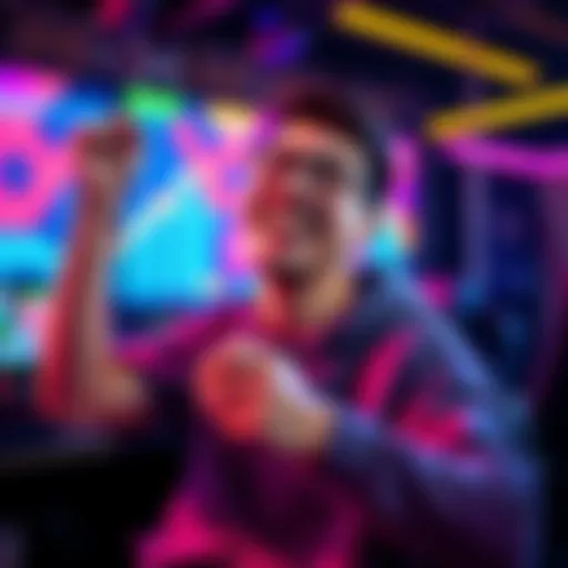 A gamer with a controller in hand, smiling and celebrating reaching a significant milestone in a video game with colorful graphics in the background.