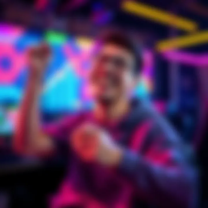A gamer with a controller in hand, smiling and celebrating reaching a significant milestone in a video game with colorful graphics in the background.