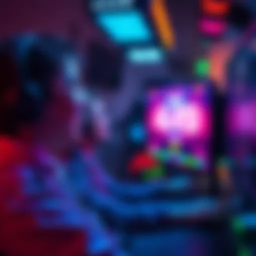 A gamer smiles while looking at their screen showing a squad score of 449 points and a captain score of 97 points, in a gaming setup with colorful lights.