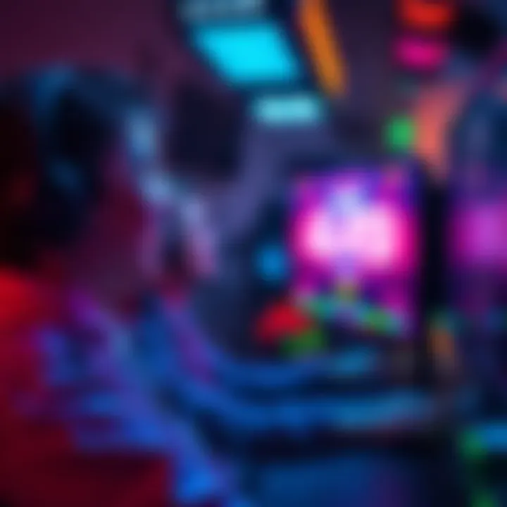 A gamer smiles while looking at their screen showing a squad score of 449 points and a captain score of 97 points, in a gaming setup with colorful lights.