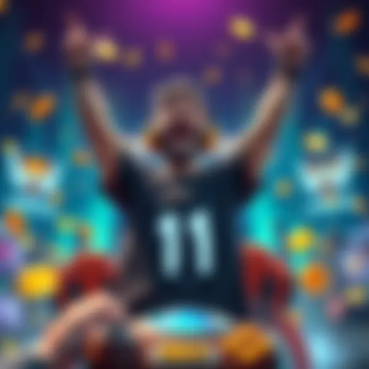 A joyful player celebrating with arms raised after reaching a gaming milestone, surrounded by virtual rewards.