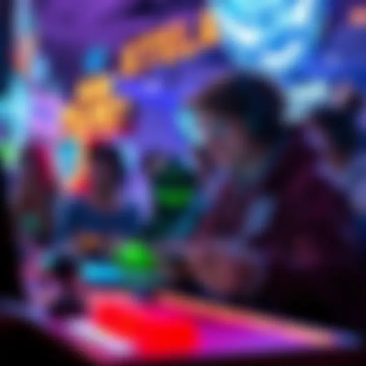 A gamer engaged in a vibrant mini-game, celebrating achievements with friends, showcasing excitement and collaboration in gaming.
