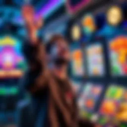 A happy player in front of a slot machine, surrounded by colorful graphics and free spin icons, showing excitement over limited wins