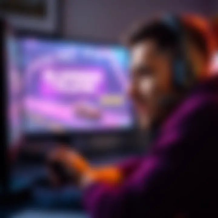A gamer looking frustrated while playing a video game, with a screen showing messages about grifting