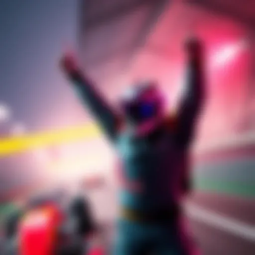 A player raises their arms in celebration after completing a racing match challenge, indicating success and ease of the challenge.