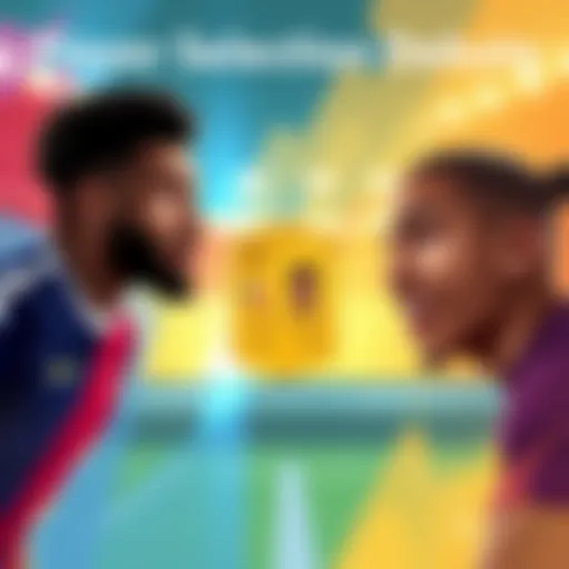 Illustration showing a comparison between Olise and Mbappe with visuals of Laporte's shiny card and Gabriel's normal card, highlighting the player selection process for a competitive squad.