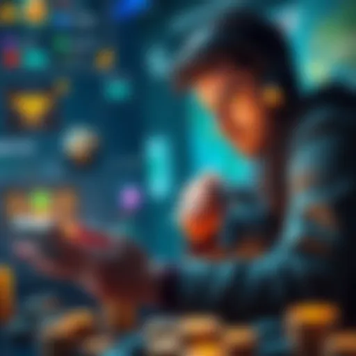 A gamer focusing on gameplay strategies in Atlas Earth, surrounded by game graphics and earning rewards