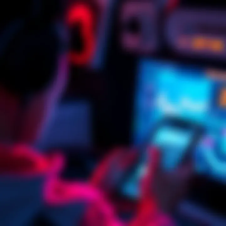 A person using a smartphone app to track daily gaming time and habits, with graphs and charts displayed on the screen.