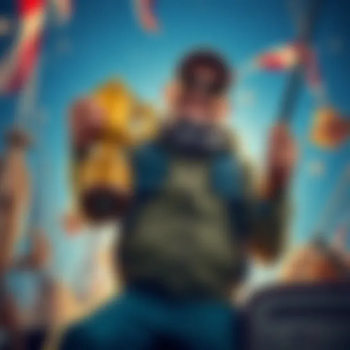 A player holding a trophy with a big smile, celebrating their first place win in Vintage Fishing, surrounded by fishing gear and decorations