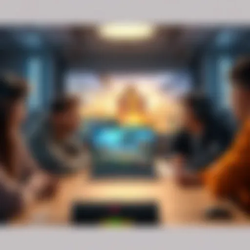 A group of gamers sitting around a table, sharing their thoughts on the recent Stronghold event, with game graphics on a laptop screen