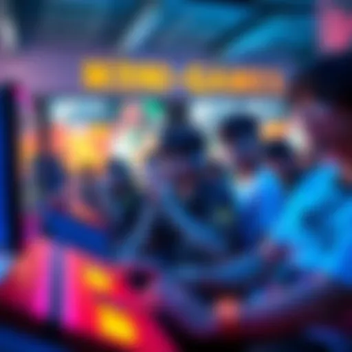 A group of players participating in mini-games while advertisements play, showcasing a vibrant gaming scene with colorful graphics