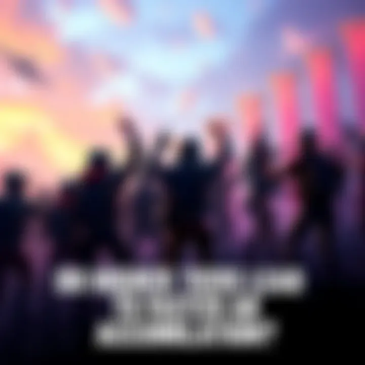 A group of players celebrating as they level up in a game, with a visual representation of ascending tiers and rewards like AB parcels in the background.