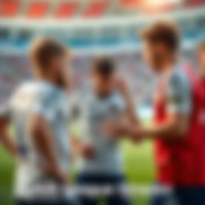 Players in Dutch League Group of football players in Dutch League discussing strategies on the field.