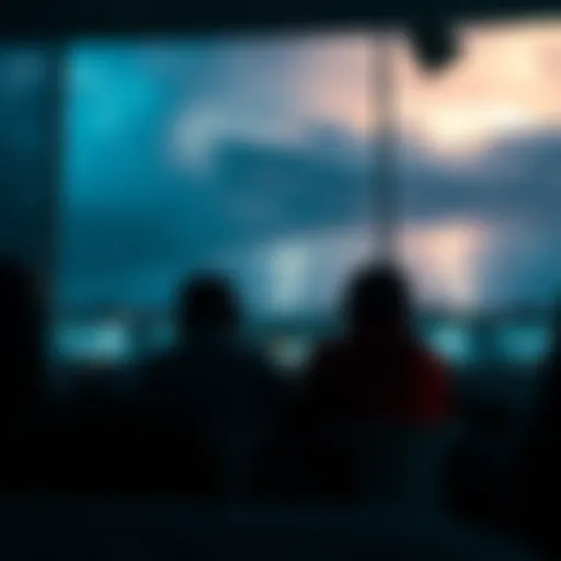 Players Struggling in Stormy Weather Gamers in a dimly lit room focused on their screens while outside a tornado warning is visible, showing dark clouds and lightning.