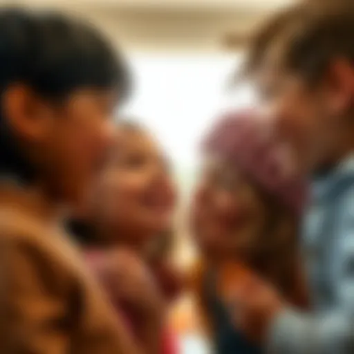 A group of children exchanging rapid fire kisses while laughing and smiling, showcasing joy and affection in a playful setting.