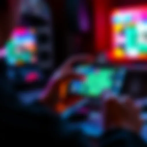 A person using a smartphone to access Cidigames through the Pi browser, with a bright gaming interface visible on the screen.