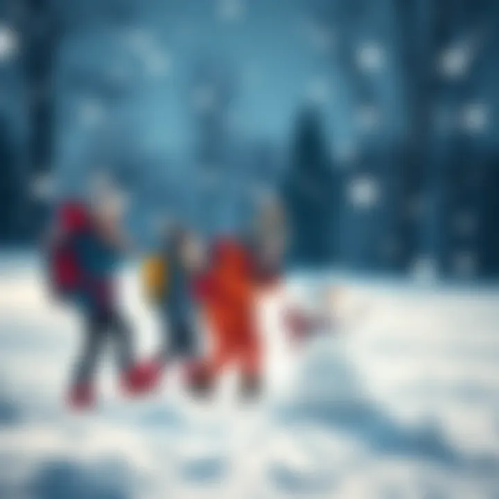 A group of friends using winter packs to have fun in the snow, building a snowman and throwing snowballs.