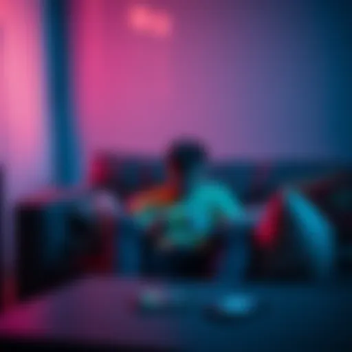 A person sitting on a couch, distracted while playing a mobile game, searching for their phone on the table