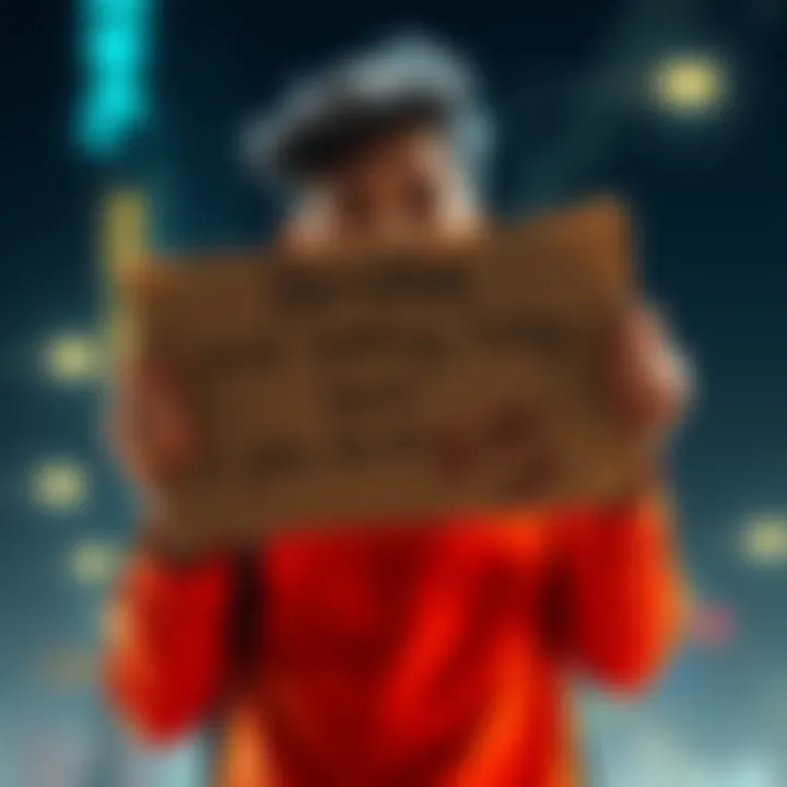 Individual with a handwritten sign pleading for $5 to restart cryptocurrency trading, showing a hopeful expression