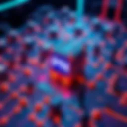 A graphic representation of computer nodes connected to a central AI system, showcasing how spare computing power is utilized. Pioneers are depicted as figures providing support to the network.