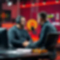 A podcast host talking with a Bitcoin expert in a studio, aiming to make cryptocurrency clear and simple for listeners.