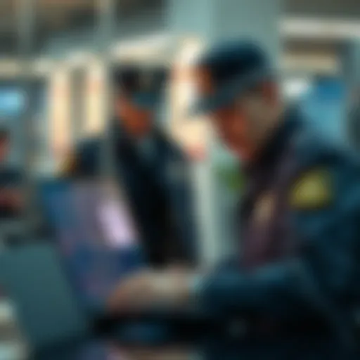 A police officer looks at a laptop displaying a digital wallet interface, contemplating access to pass phrases.