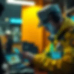 A police officer examining digital devices for clues in a Bitcoin recovery case