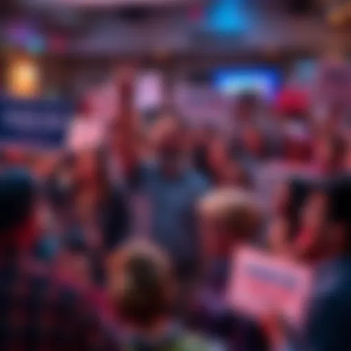 Group of people celebrating and discussing midterm elections with signs and banners