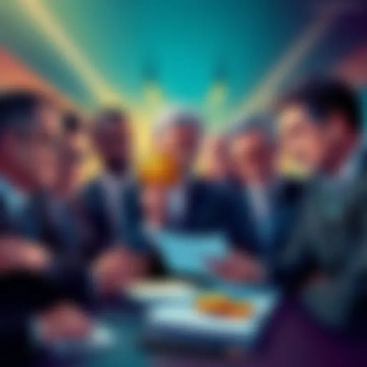 A group of politicians discussing over documents and crypto symbols, with expressions of concern about fund management