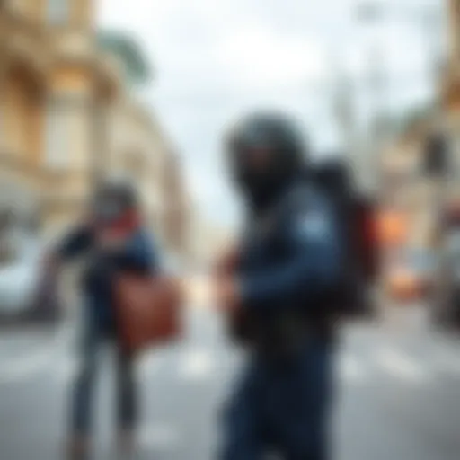 A Politsiya officer on patrol, engaging with community members in a city setting, showcasing daily law enforcement activities.