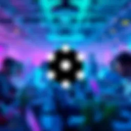 Polkadot logo surrounded by diverse developers working on laptops in a vibrant environment