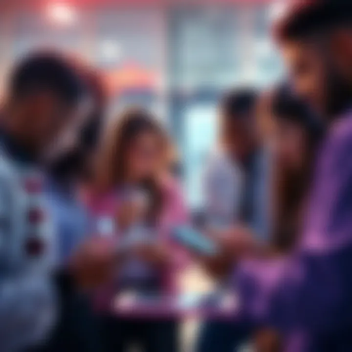 A group of diverse people collaborating on testing a mobile app on various devices including smartphones and tablets.