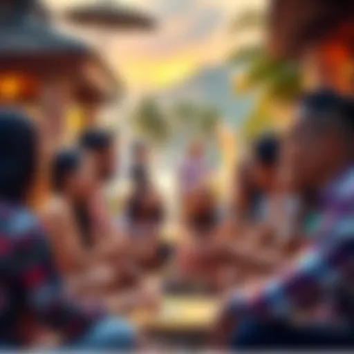 A group of diverse people discussing cryptocurrency in a vibrant outdoor setting in Southeast Asia and Latin America, showcasing community engagement and innovation.