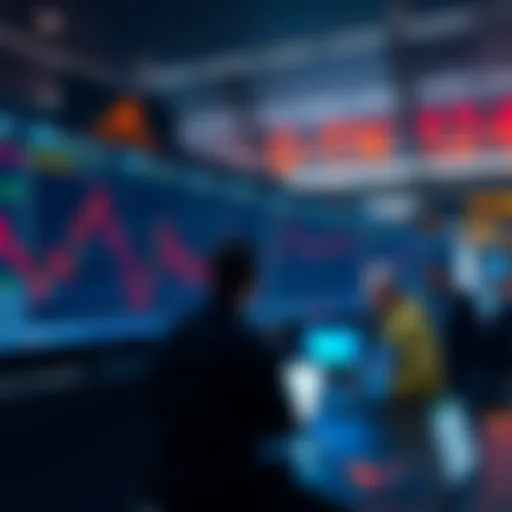 A visual representation of a large bet being placed on Zelenskyy’s NATO suit, showing a trading screen with fluctuating values and concerned traders discussing market integrity.