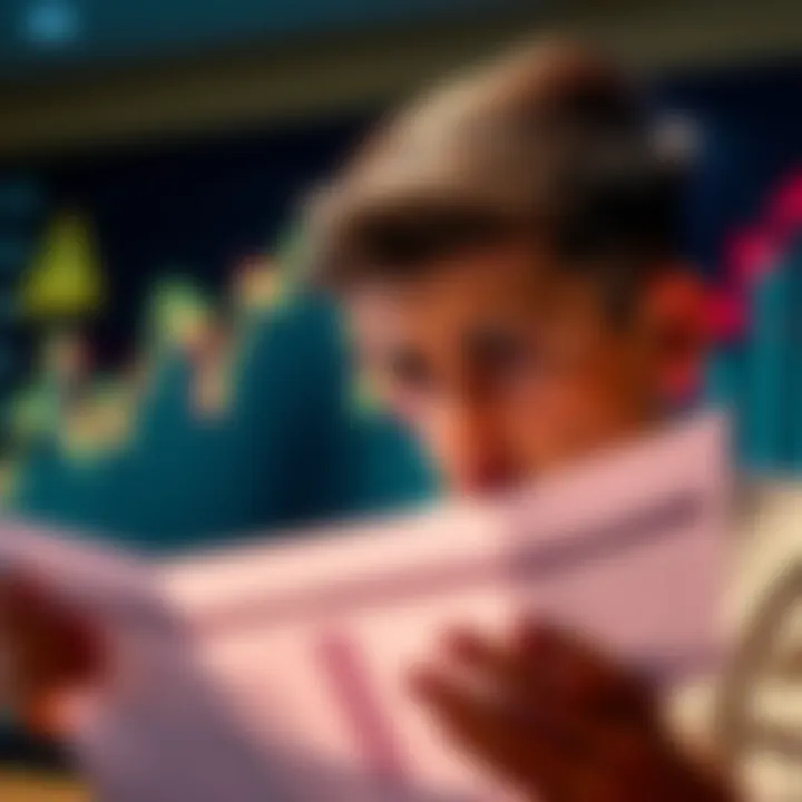 A young person looking worried while reviewing financial documents with a graph showing a downward trend in the background